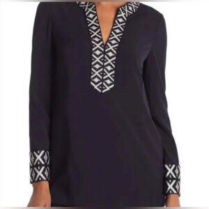 TORY BURCH ARIANA V Neck Tunic with‎ Taping Blouse Embroidered Knit Trim Size 4